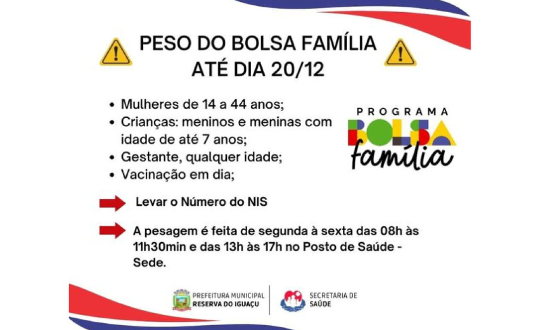 ⚠ ATENÇÃO MUNÍCIPES - PESO DO BOLSA FAMÍLIA ATÉ DIA 20/12⚠