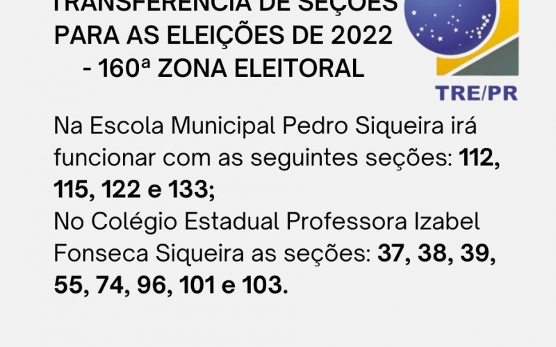 TRANSFERÊNCIAS DE SEÇÕES PARA AS ELEIÇÕES DE 2022